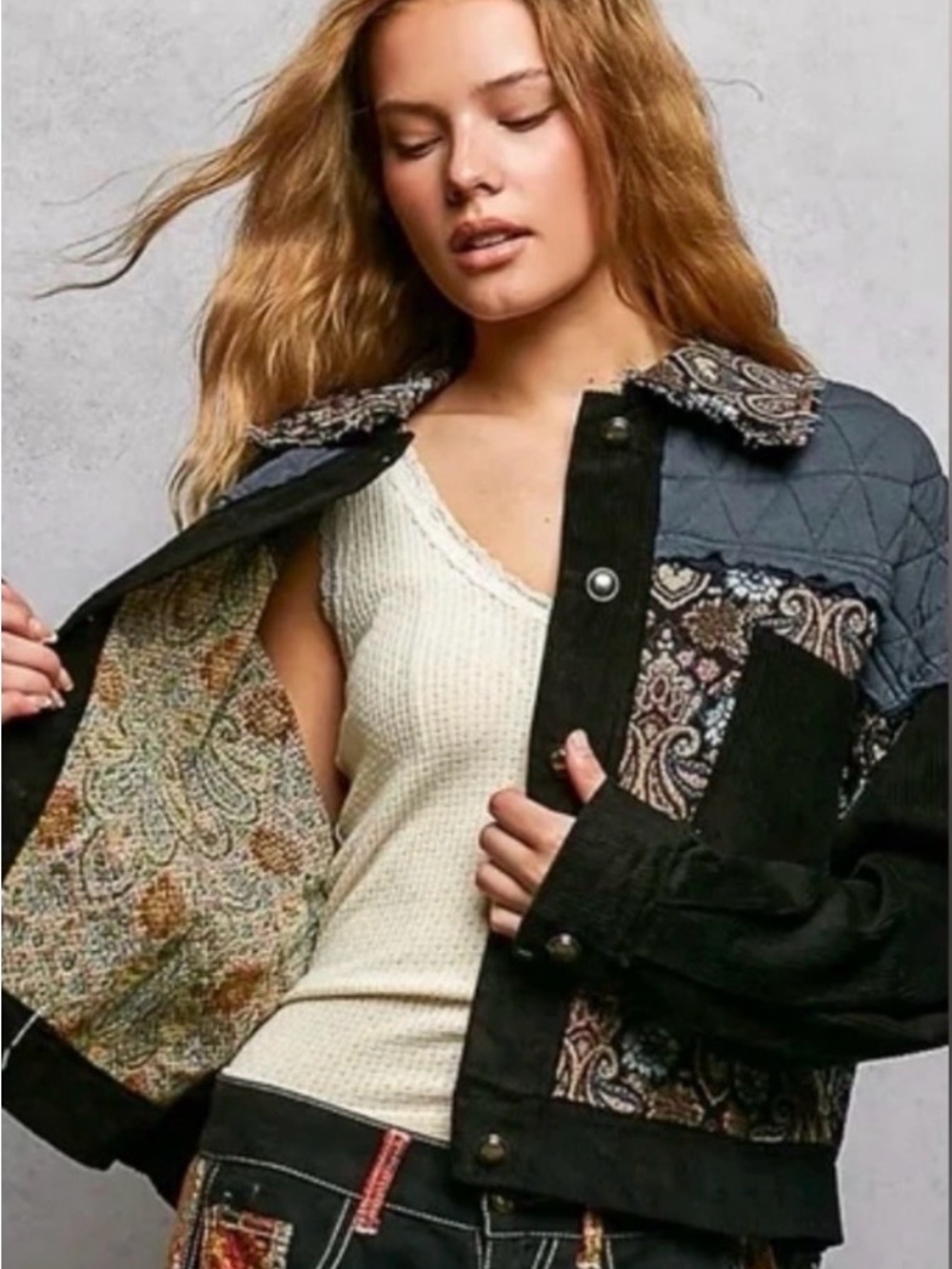 POL Black Quilted & Paisley Patchwork Jacket - Women's Small